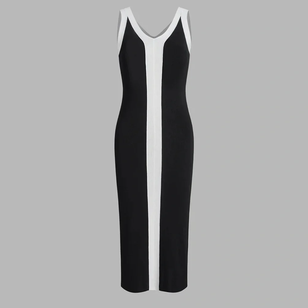 Black and white contrast knit v neck sleeveless midi dress with vented slit - Picture 4 of 11
